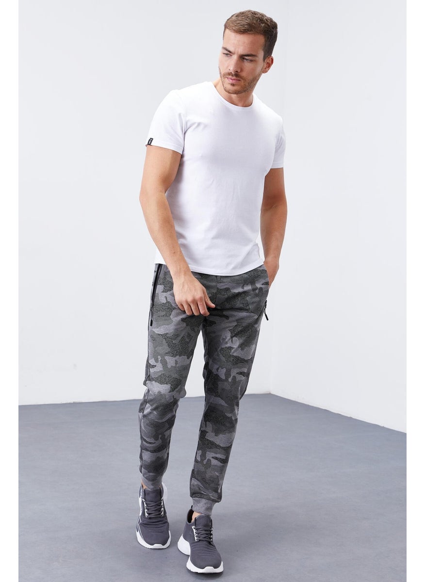 Gray Melange Men's Camouflage Patterned Slim Cut Jogger Tracksuit Bottom-84754