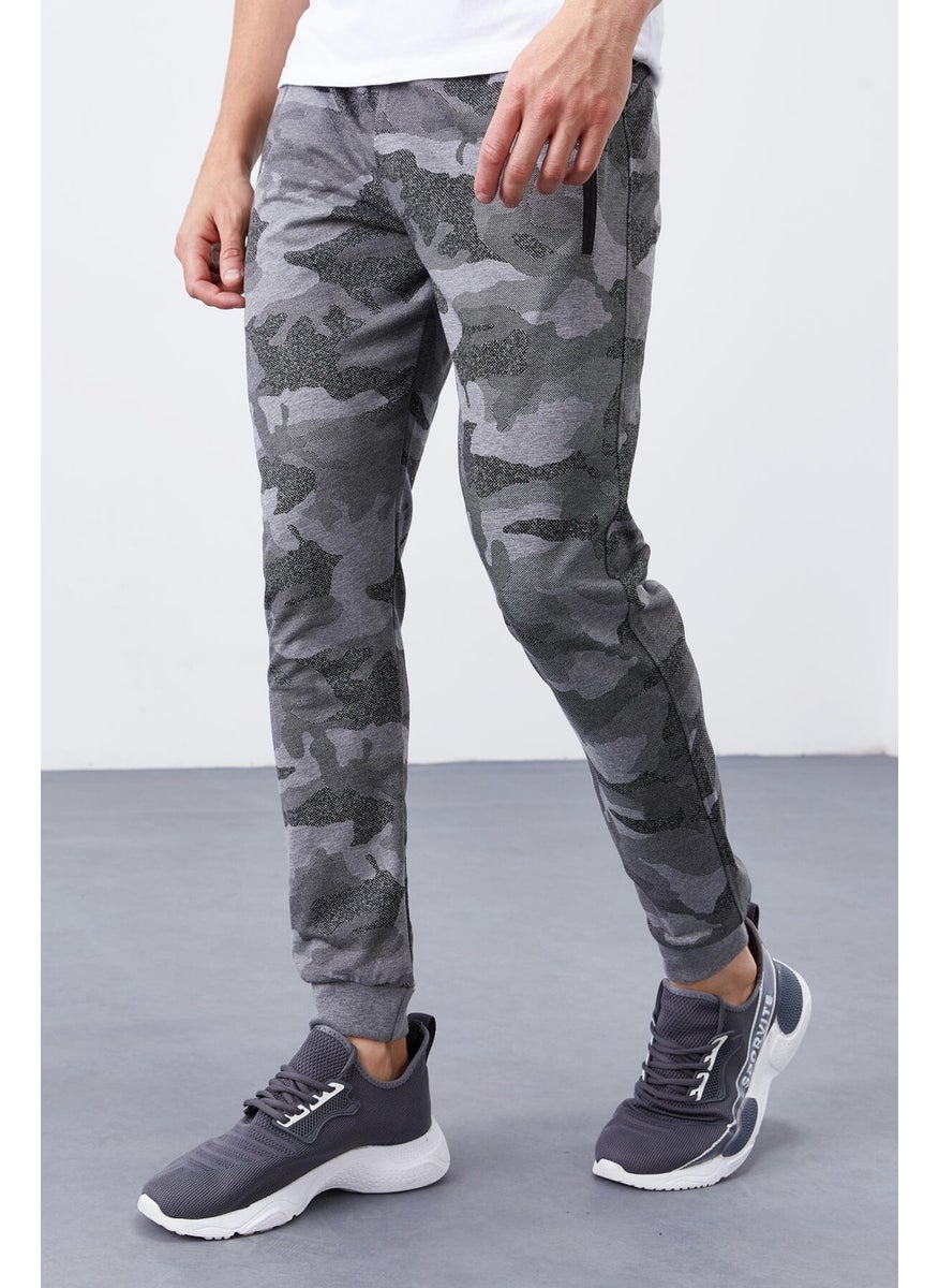 Gray Melange Men's Camouflage Patterned Slim Cut Jogger Tracksuit Bottom-84754
