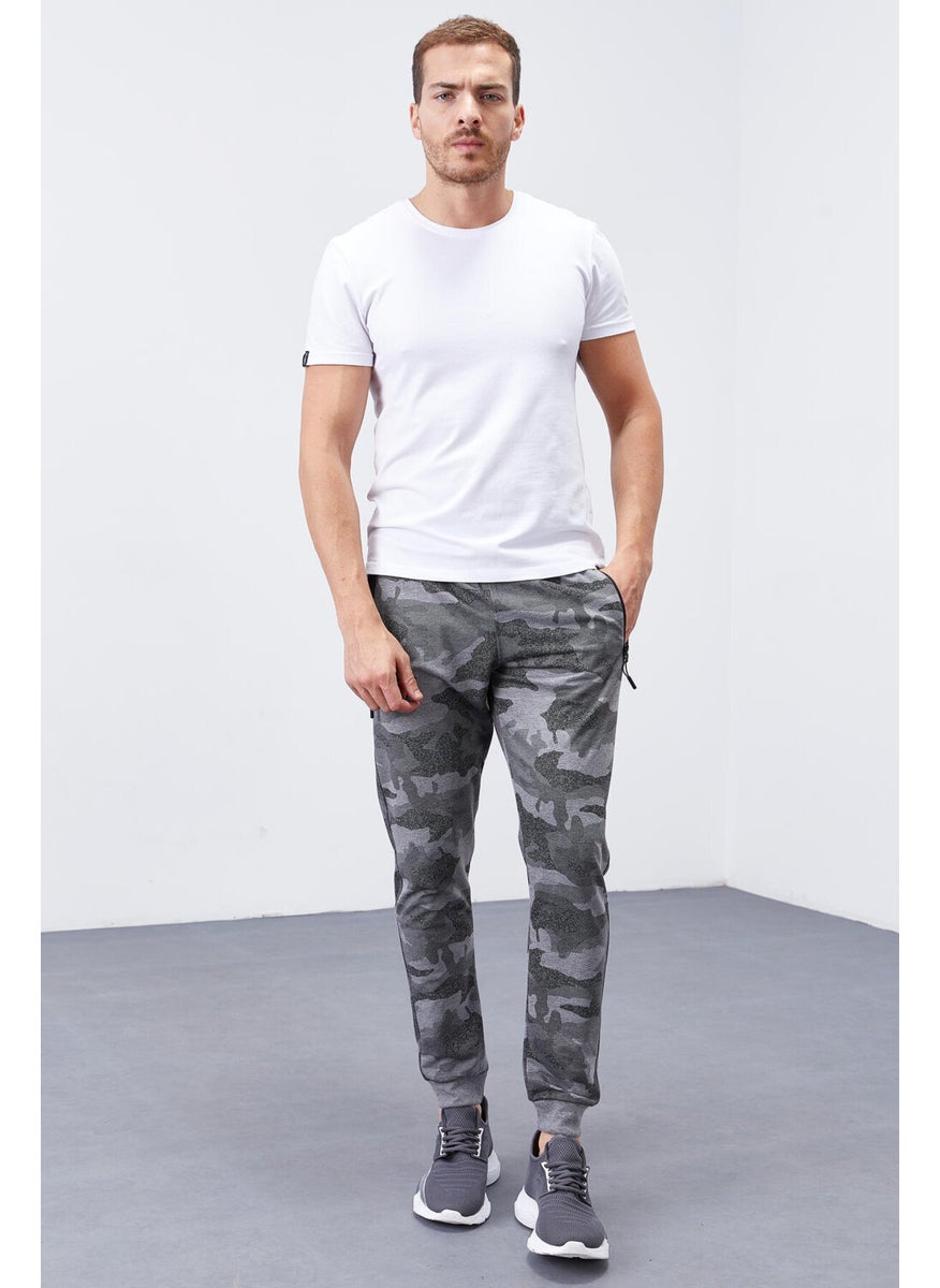 Gray Melange Men's Camouflage Patterned Slim Cut Jogger Tracksuit Bottom-84754