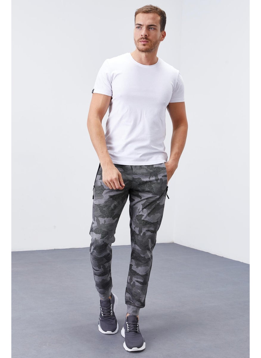 Gray Melange Men's Camouflage Patterned Slim Cut Jogger Tracksuit Bottom-84754