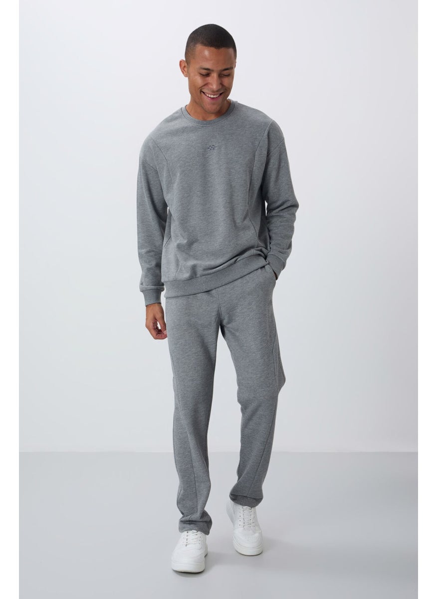 Gray Melange Compact Cotton Thick Smooth Textured O Neck Comfort Fit Men's Tracksuit -85263