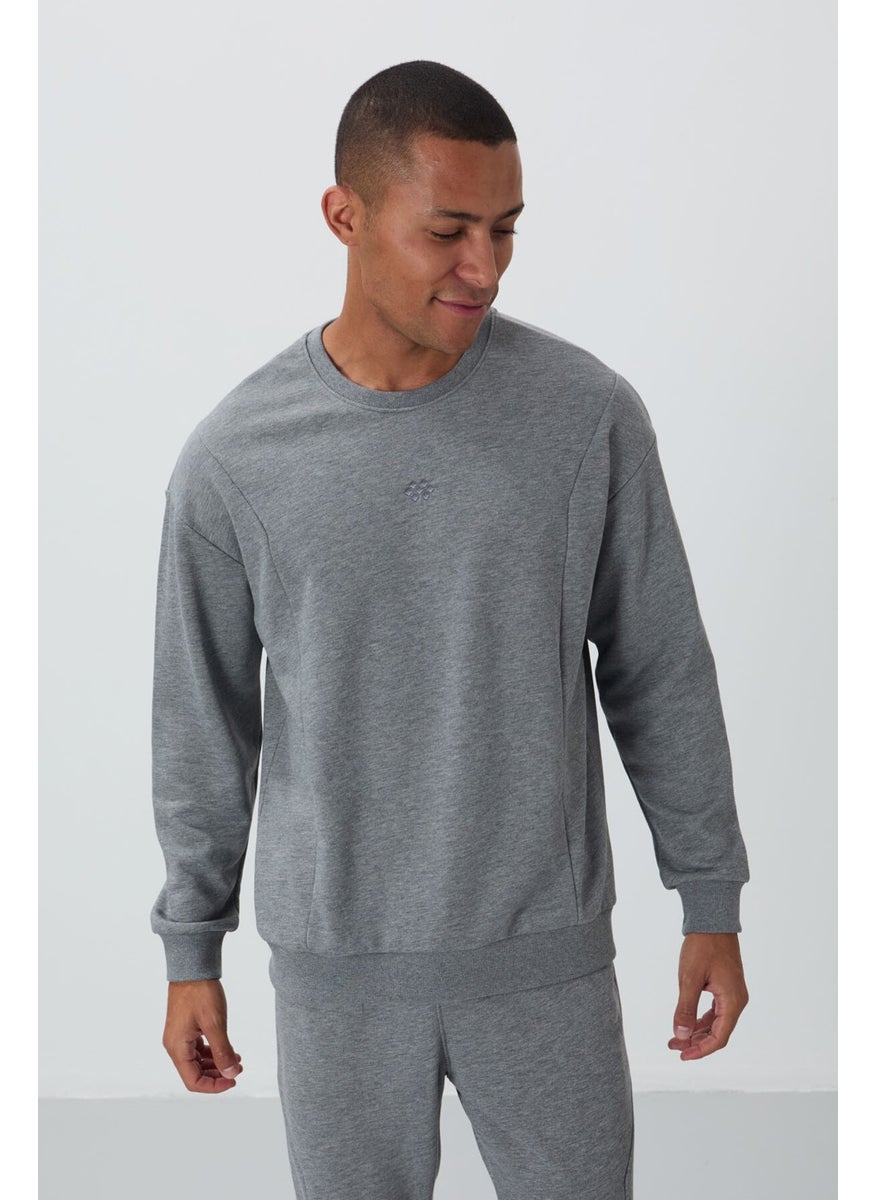 Gray Melange Compact Cotton Thick Smooth Textured O Neck Comfort Fit Men's Tracksuit -85263