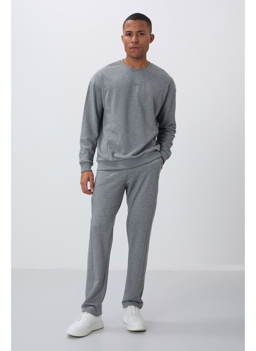 Gray Melange Compact Cotton Thick Smooth Textured O Neck Comfort Fit Men's Tracksuit -85263