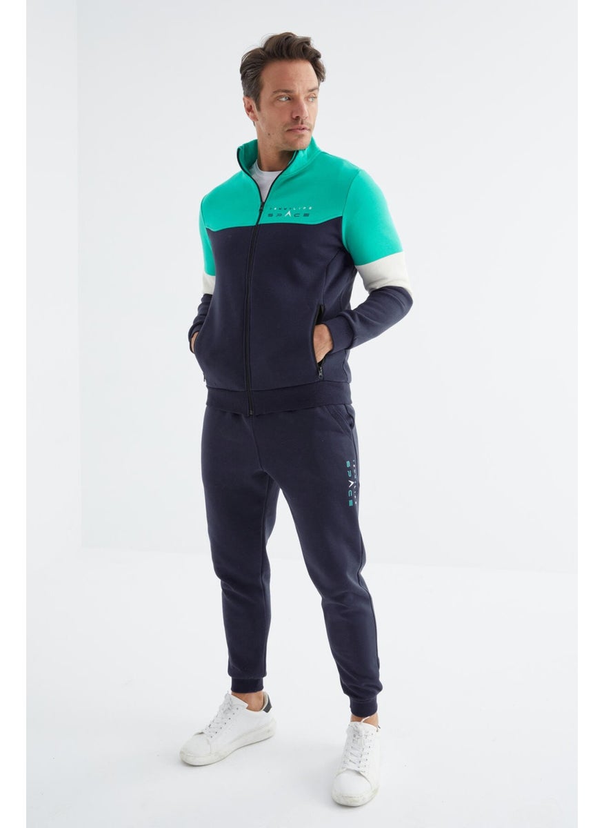 Indigo Stand Collar Color Transitional Print Detailed Standard Pattern Men's Tracksuit - 85186