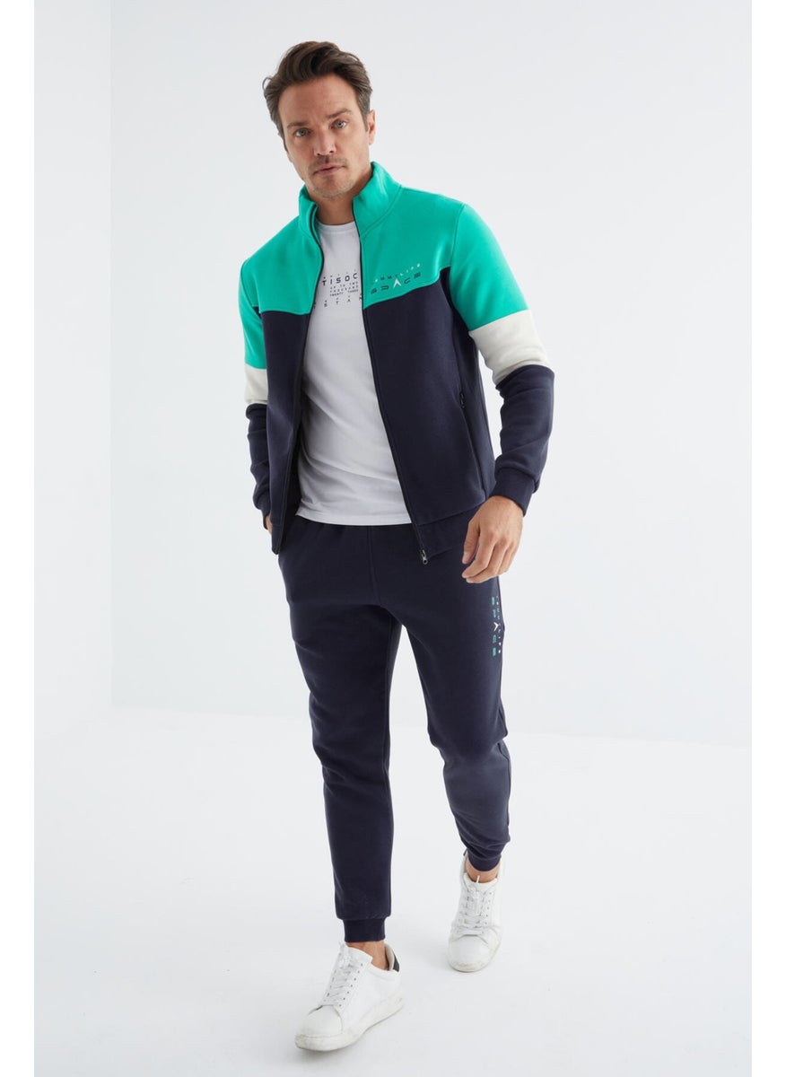 Indigo Stand Collar Color Transitional Print Detailed Standard Pattern Men's Tracksuit - 85186