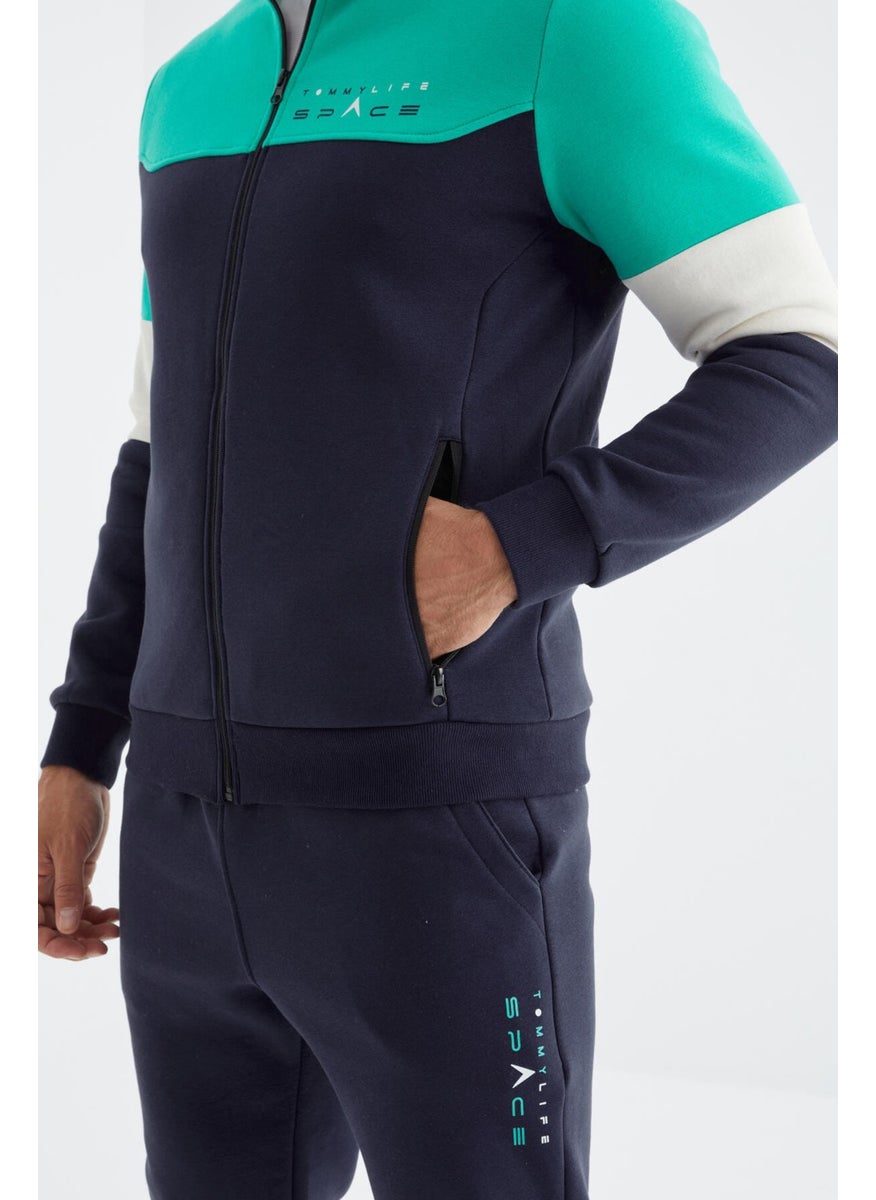 Indigo Stand Collar Color Transitional Print Detailed Standard Pattern Men's Tracksuit - 85186
