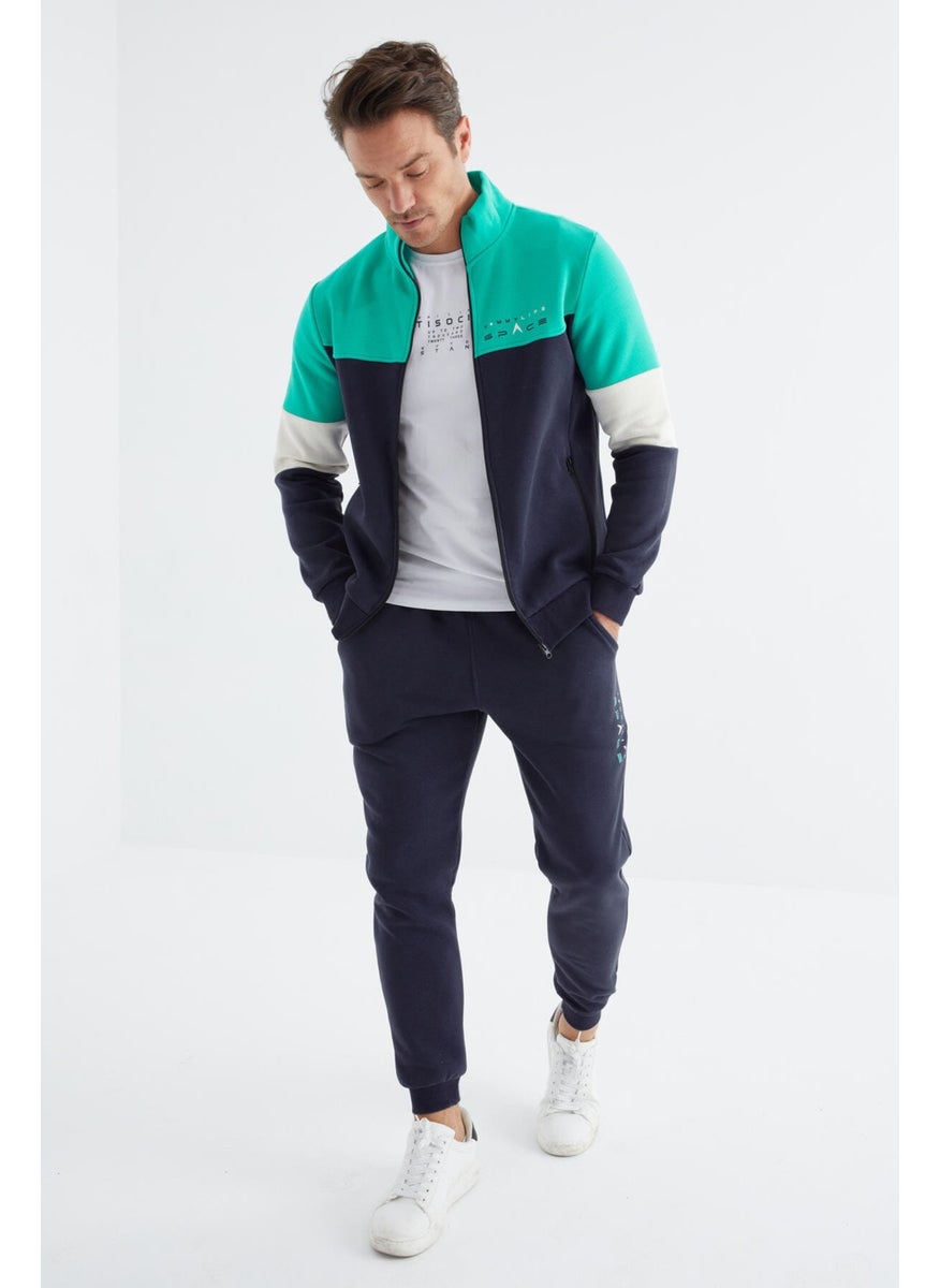 Indigo Stand Collar Color Transitional Print Detailed Standard Pattern Men's Tracksuit - 85186