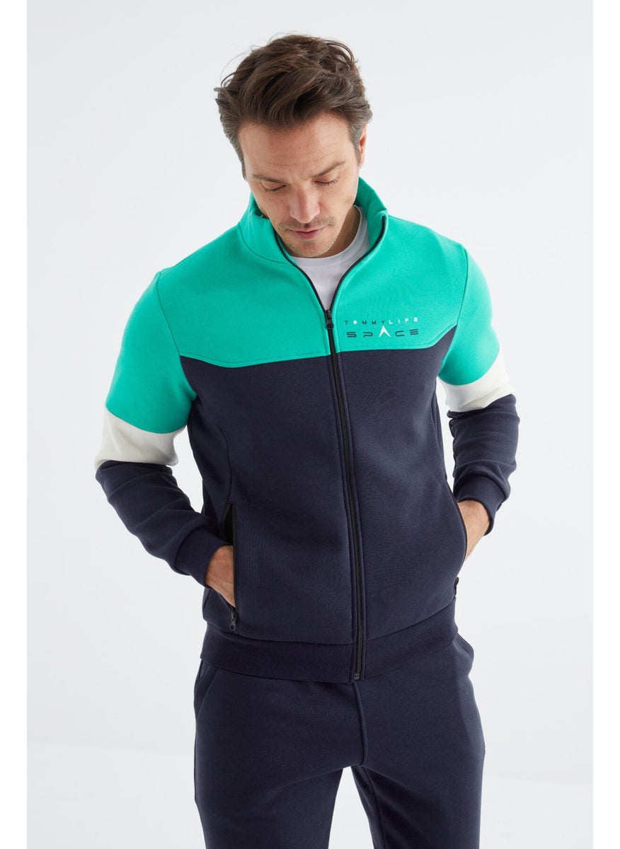 Indigo Stand Collar Color Transitional Print Detailed Standard Pattern Men's Tracksuit - 85186