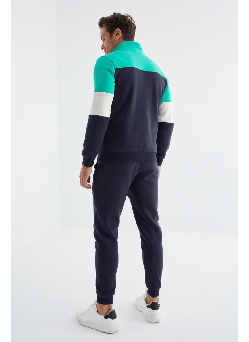 Indigo Stand Collar Color Transitional Print Detailed Standard Pattern Men's Tracksuit - 85186
