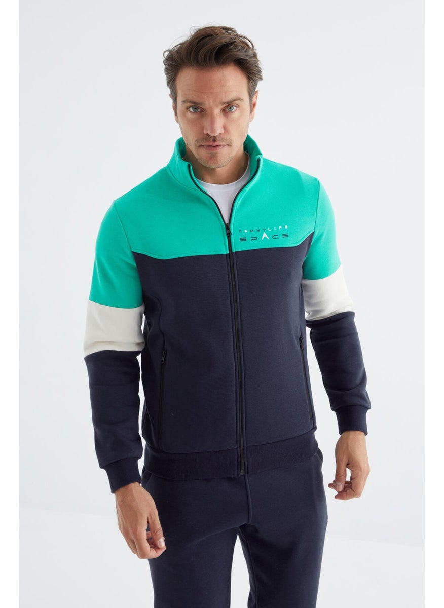 Indigo Stand Collar Color Transitional Print Detailed Standard Pattern Men's Tracksuit - 85186
