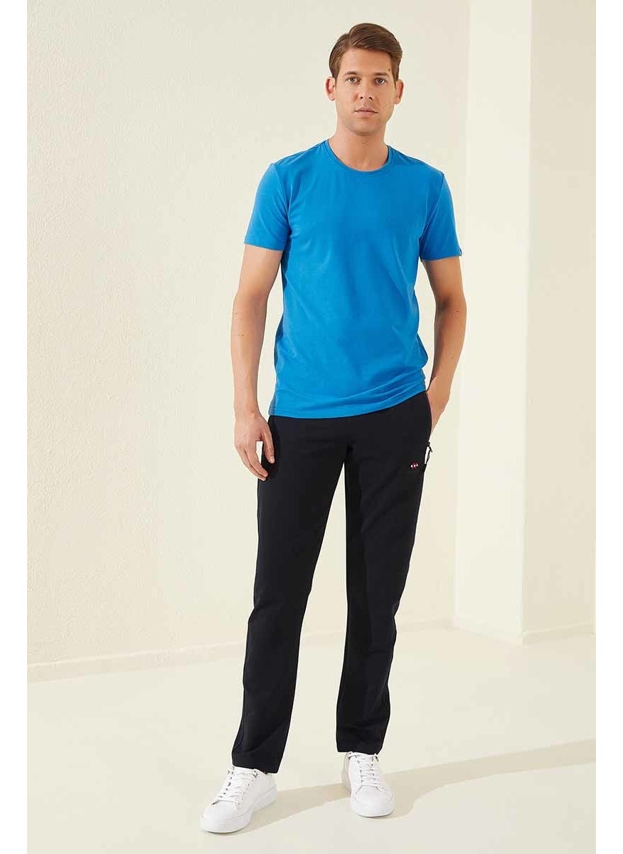 Navy Blue Men's Zippered Three Pocket Standard Fit Classic Leg Tracksuit Bottom-84671