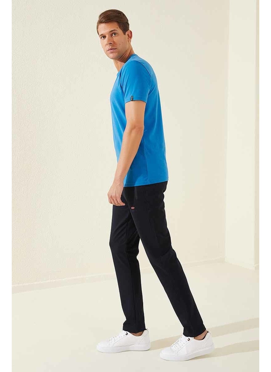 Navy Blue Men's Zippered Three Pocket Standard Fit Classic Leg Tracksuit Bottom-84671