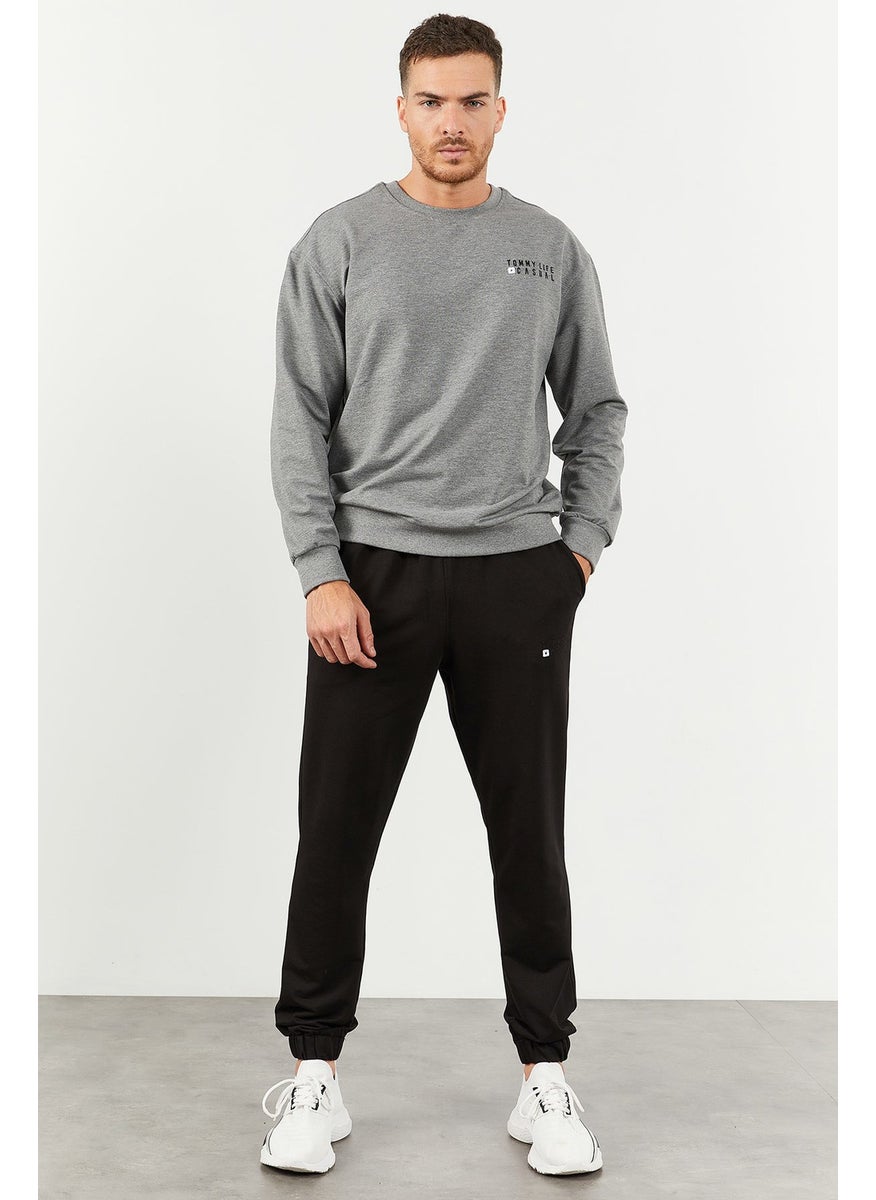 Gray Melange-Black Men's Casual O Neck Oversize Elastic Leg Tracksuit - 85120