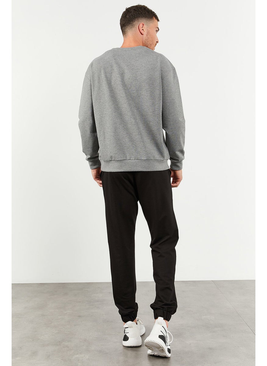 Gray Melange-Black Men's Casual O Neck Oversize Elastic Leg Tracksuit - 85120