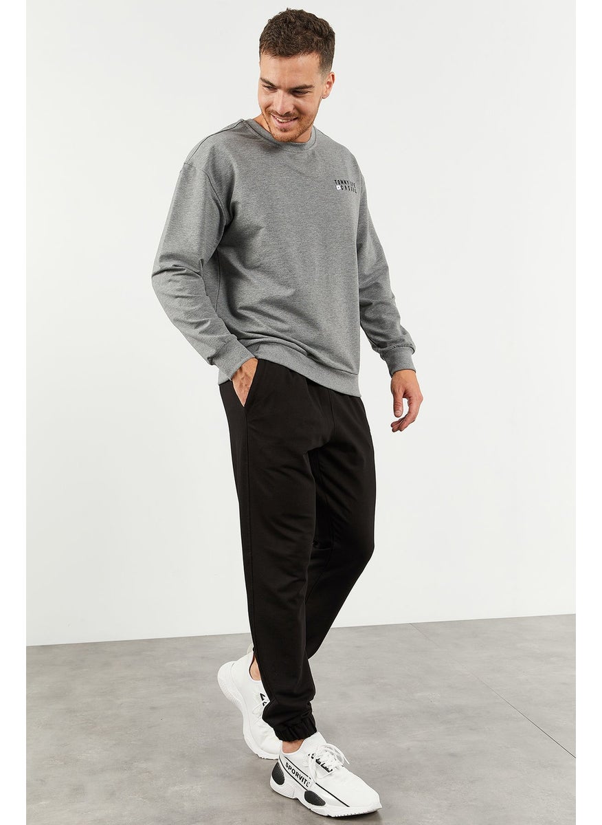Gray Melange-Black Men's Casual O Neck Oversize Elastic Leg Tracksuit - 85120