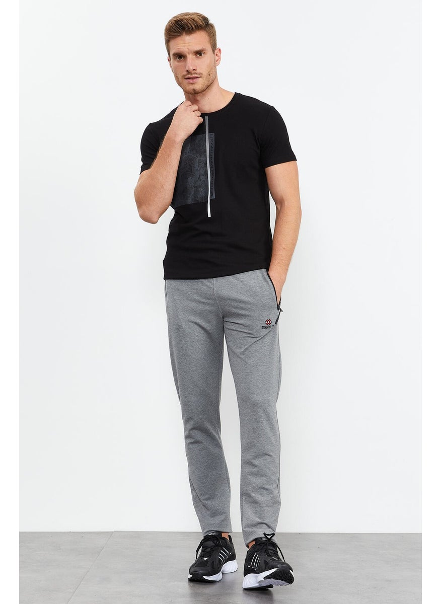 Gray Melange Men's Zippered Three Pocket Standard Pattern Classic Leg Tracksuit Bottom-84671