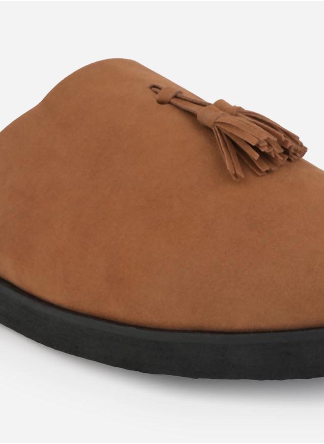 Suede Clogs with Tassel Detail