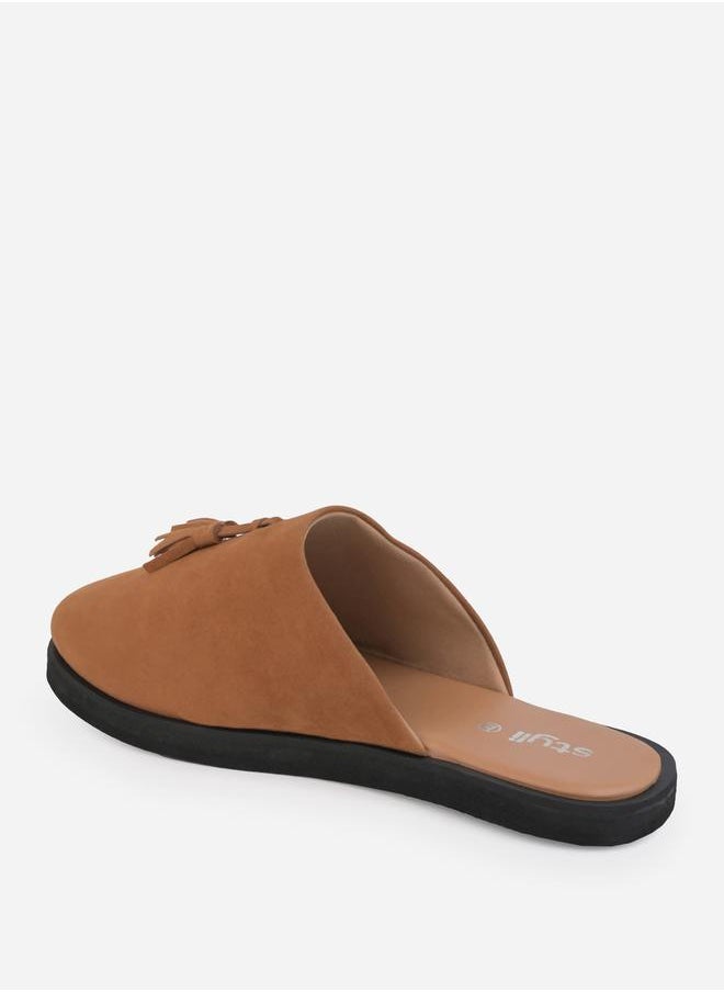 Suede Clogs with Tassel Detail