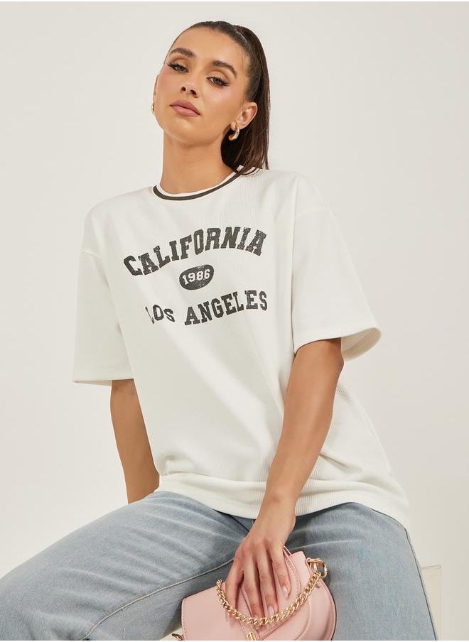 Textured Slogan Print Oversized T-Shirt