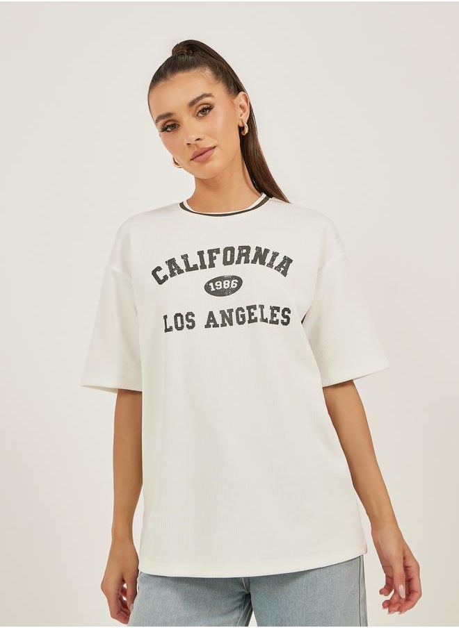 Textured Slogan Print Oversized T-Shirt
