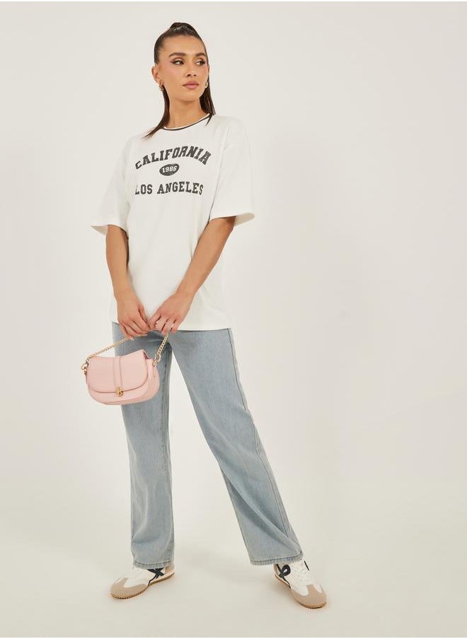 Textured Slogan Print Oversized T-Shirt