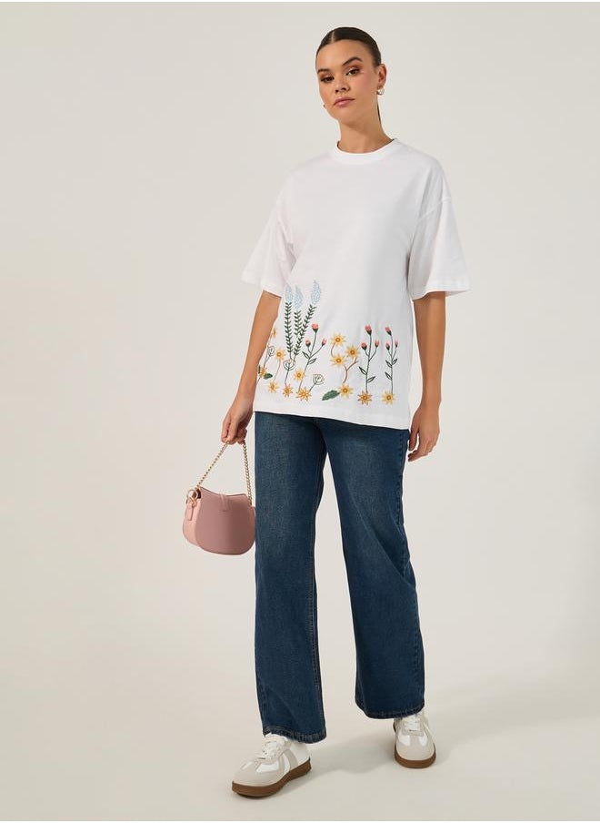 Embroidered Oversized Round Neck T-Shirt