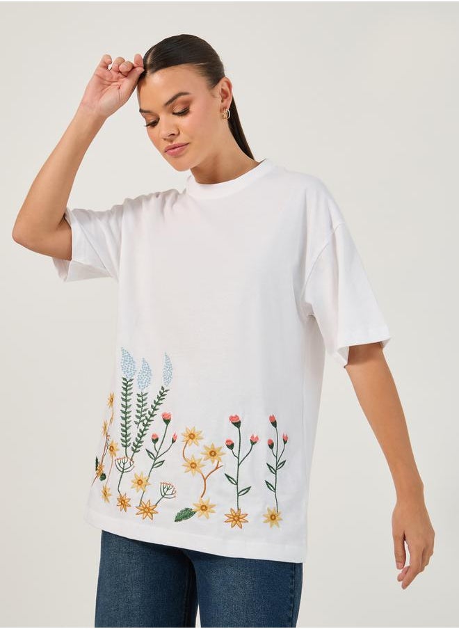 Embroidered Oversized Round Neck T-Shirt