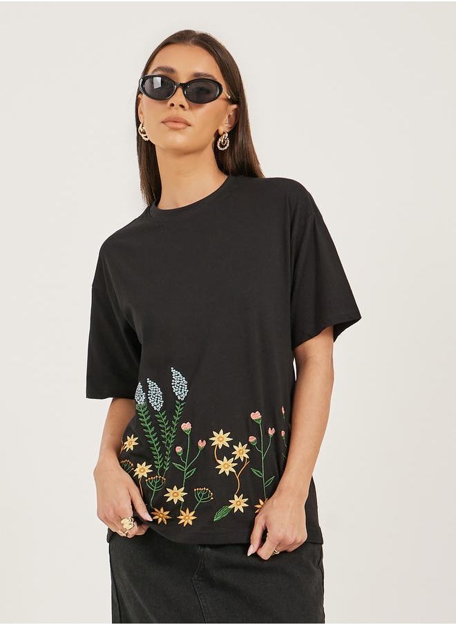 Embroidered Oversized Round Neck T-Shirt