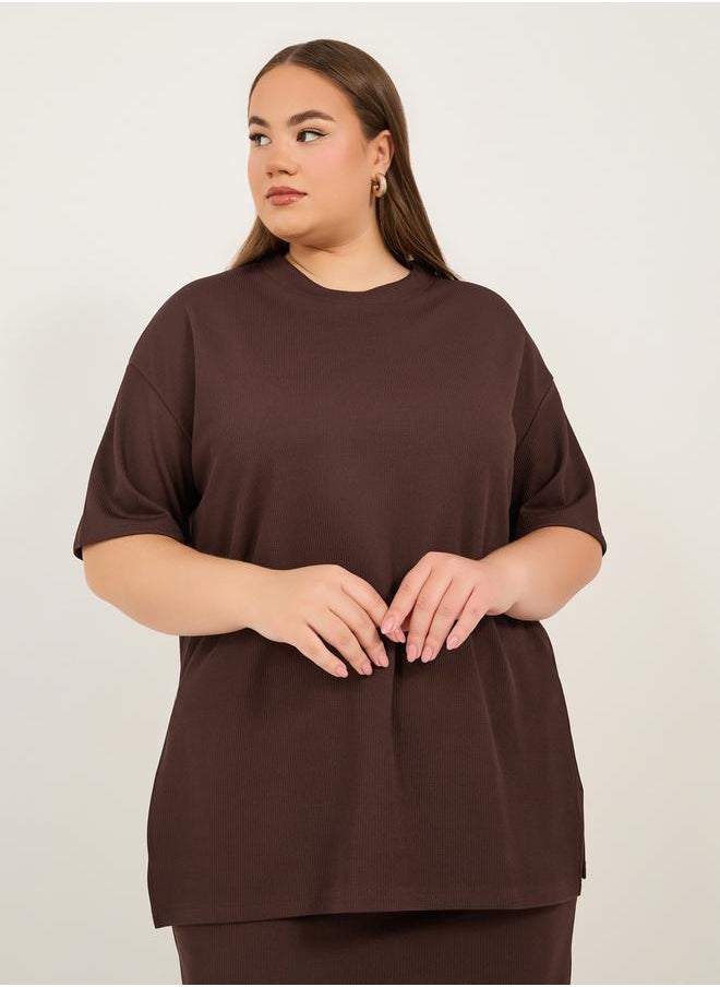 Plus Size Ribbed Knit Round Neck Oversized T-Shirt