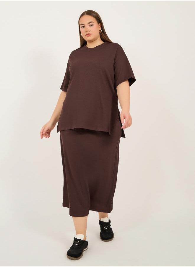 Plus Size Ribbed Knit Round Neck Oversized T-Shirt