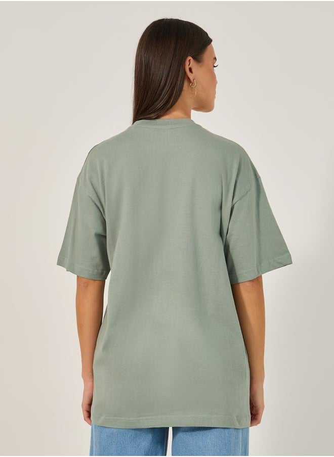 Embroidered Oversized Round Neck Longline T-Shirt