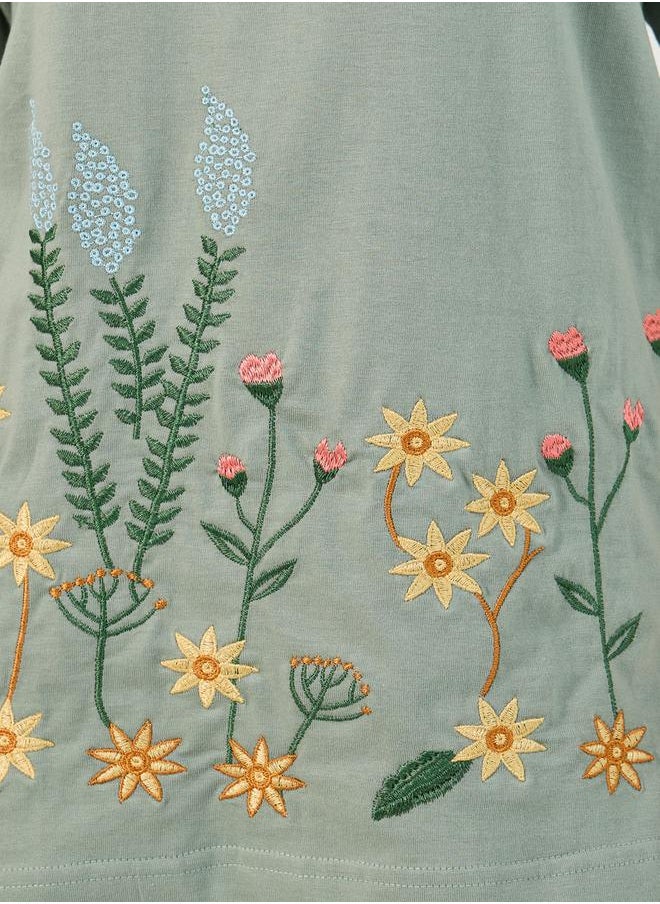 Embroidered Oversized Round Neck Longline T-Shirt