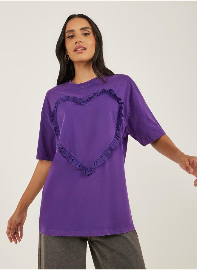 Acid Washed Ruffled Heart Design Oversized T-Shirt