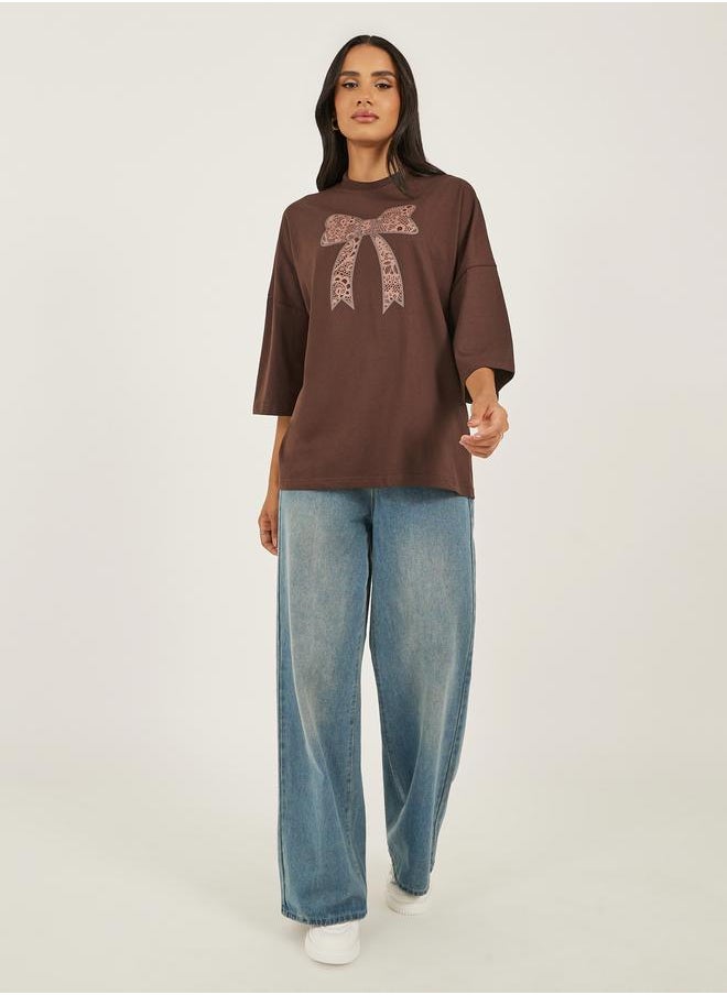 Bow Graphic Exaggerated Sleeve Oversized Longline T-Shirtâ€‹