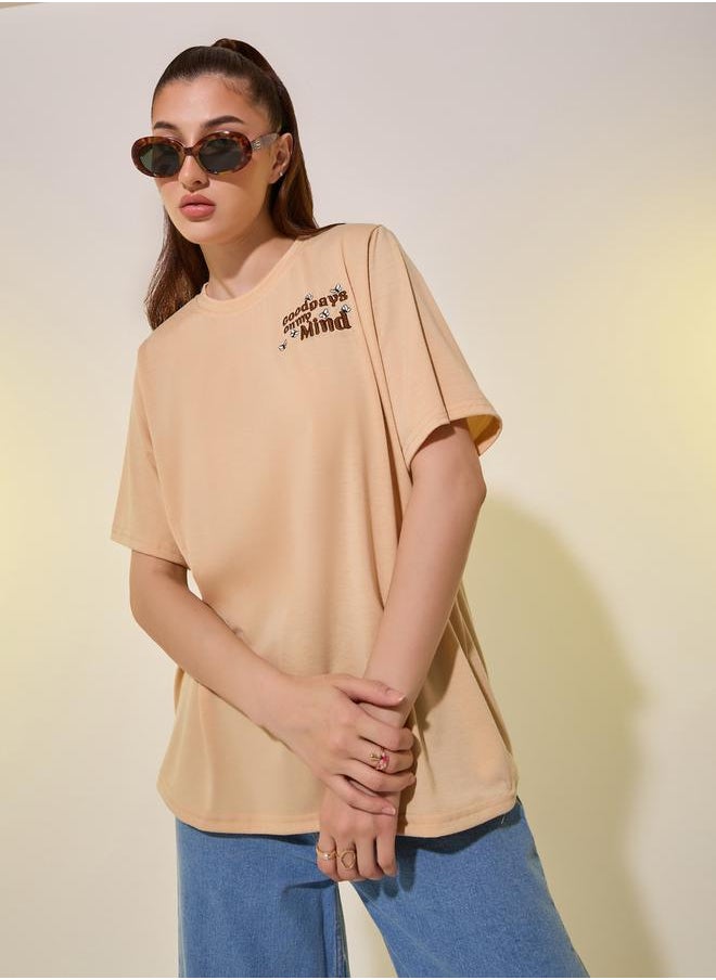 Beige Embroidered Detail Short Sleeve Regular Fit T-Shirt
