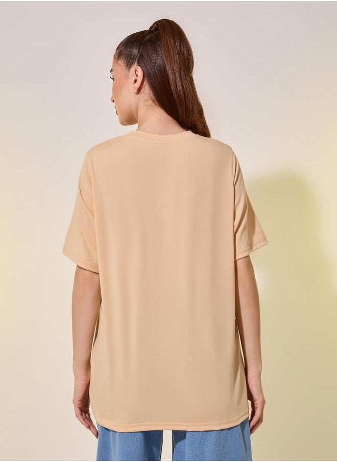 Beige Embroidered Detail Short Sleeve Regular Fit T-Shirt