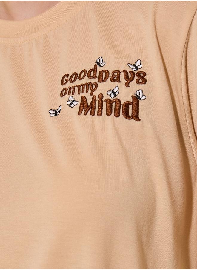 Beige Embroidered Detail Short Sleeve Regular Fit T-Shirt