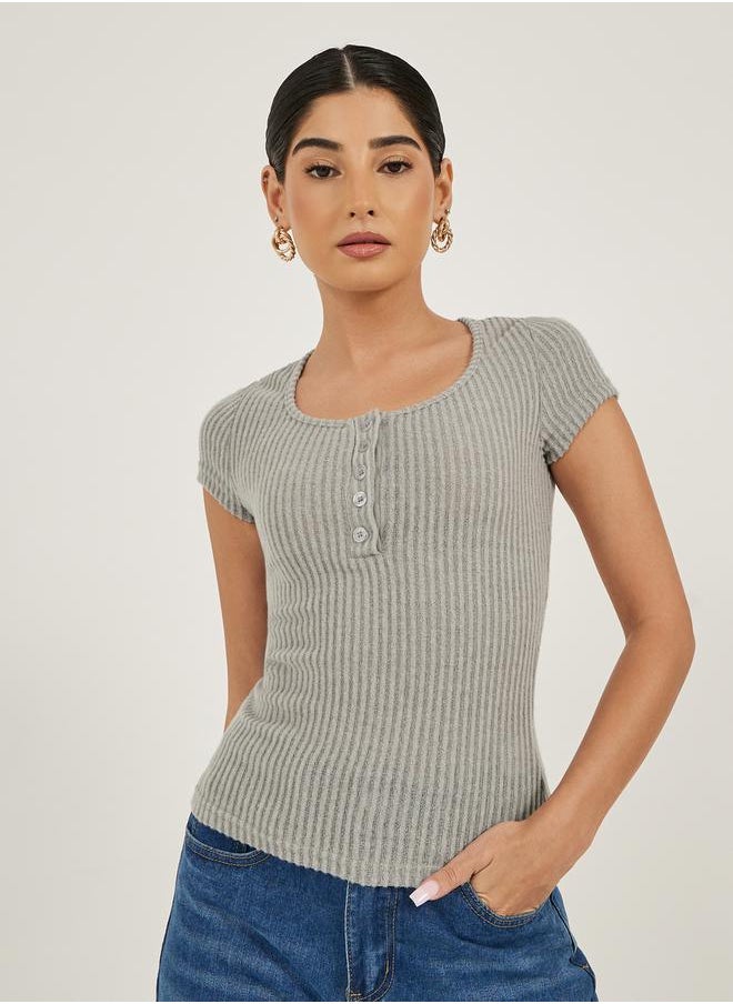 Textured Short Sleeve Ribbed Knit T-Shirt