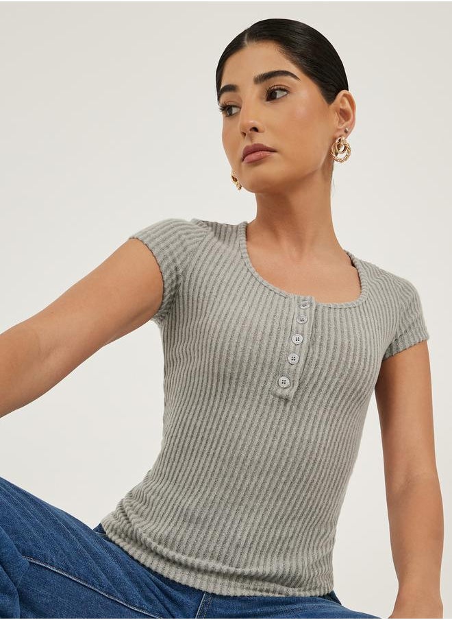 Textured Short Sleeve Ribbed Knit T-Shirt