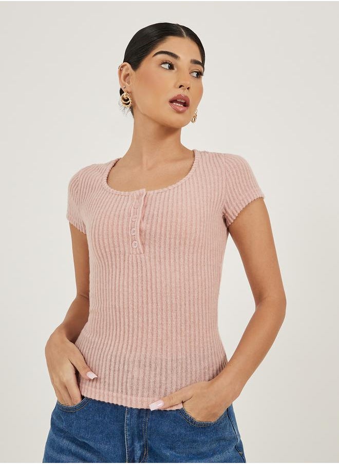 Textured Short Sleeve Ribbed Knit T-Shirt