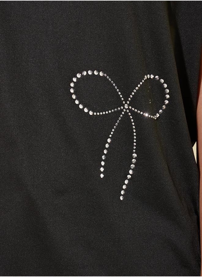 Women Black Studded Bow Detail Regular Fit T-Shirt