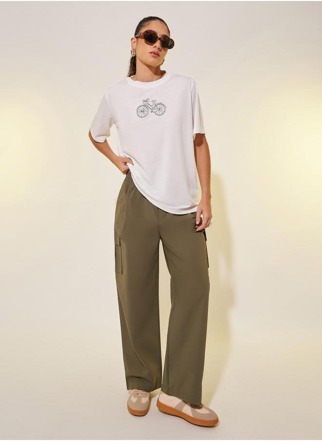 Embroidered Round Neck Short Sleeves T-Shirt