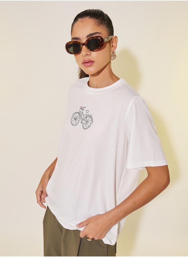 Embroidered Round Neck Short Sleeves T-Shirt