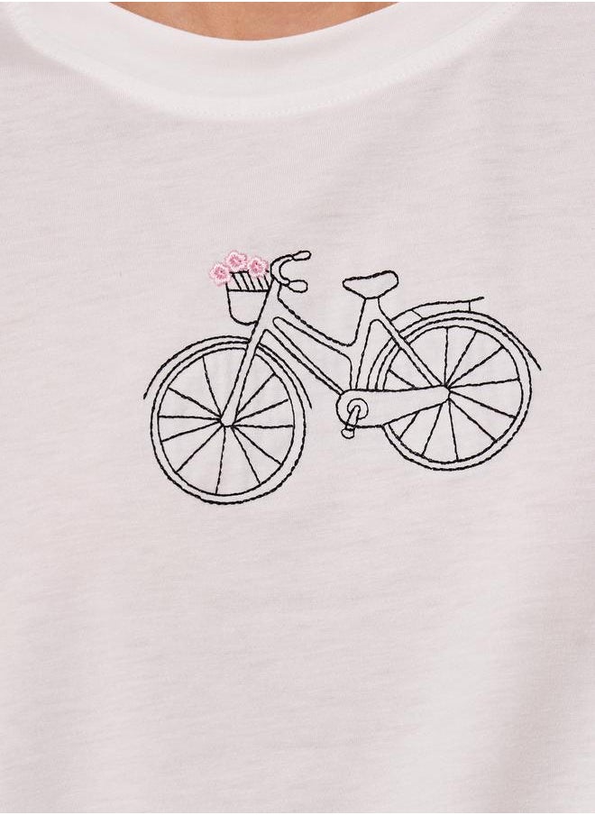 Embroidered Round Neck Short Sleeves T-Shirt