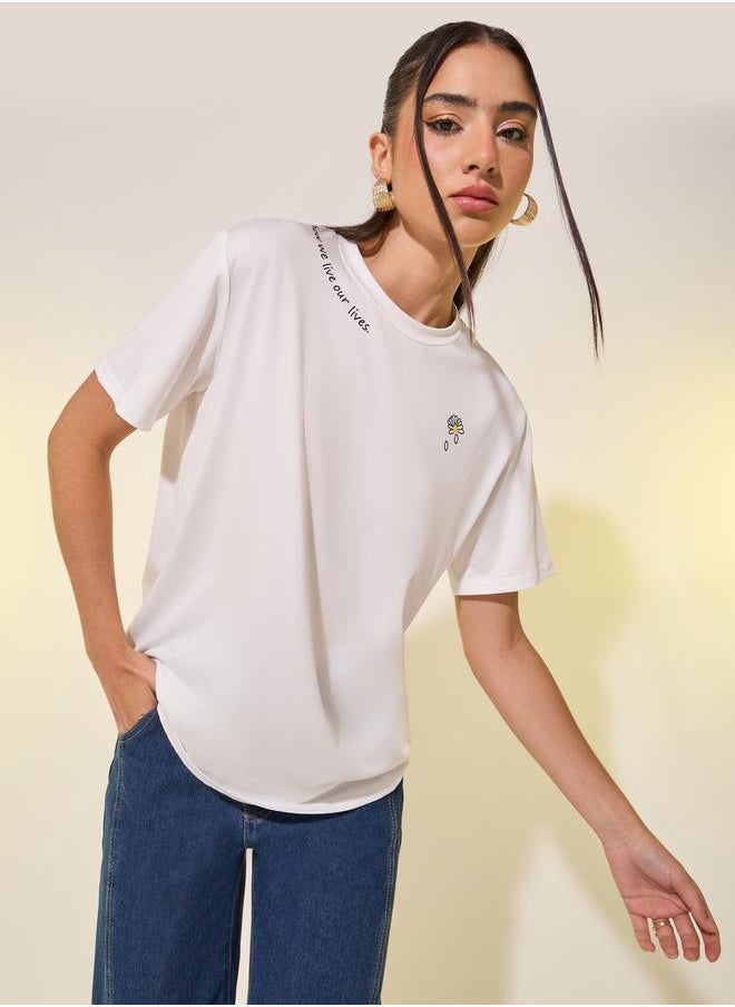 Women White Slogan Print Round Neck Regular Fit T-Shirt