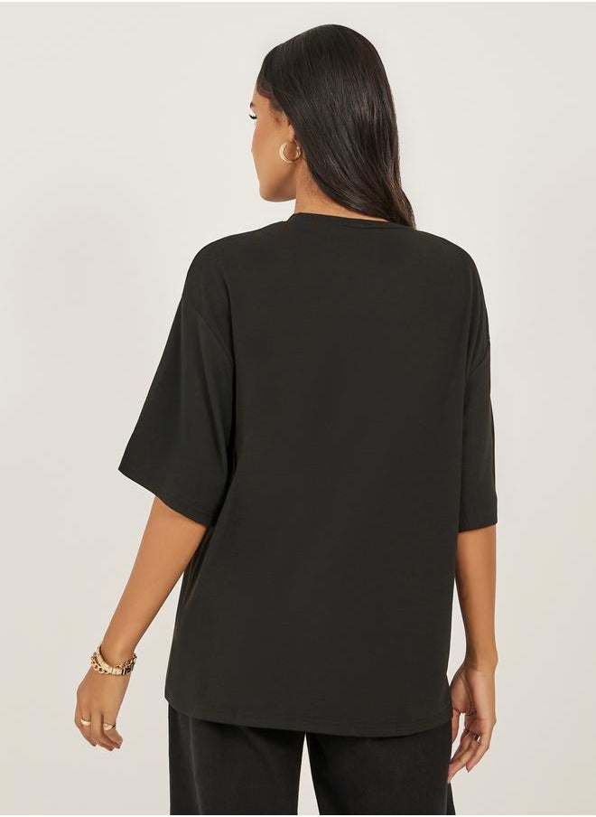 Women Black Oversized Bow Detail Longline T-Shirt