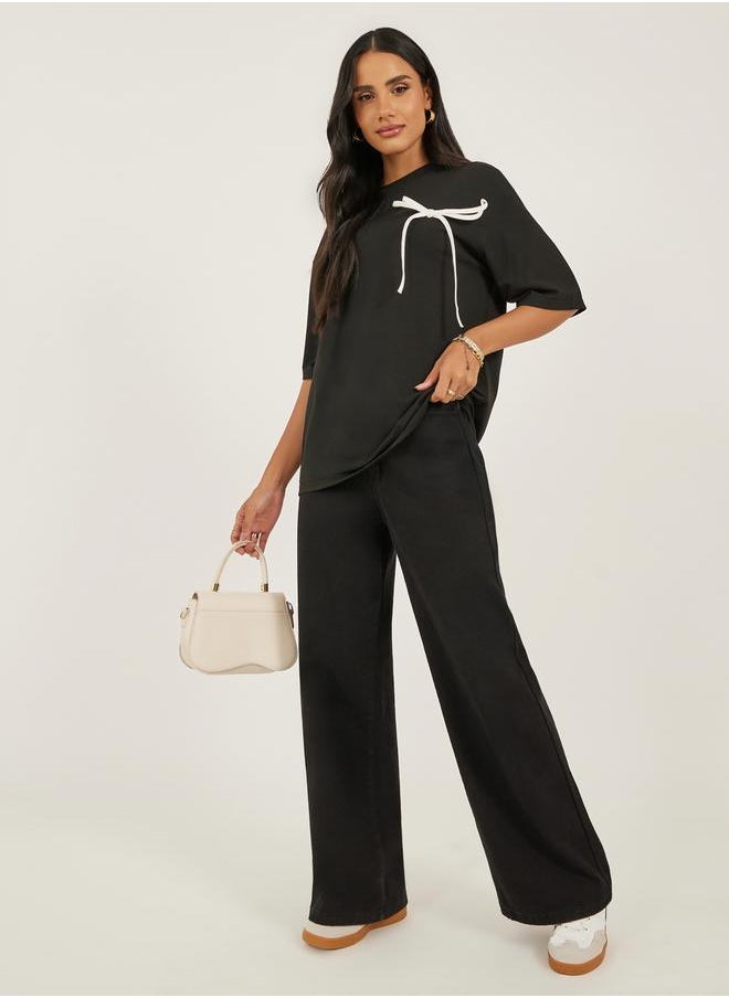 Women Black Oversized Bow Detail Longline T-Shirt