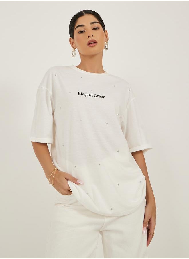 Embellished Slogan Print Oversized T-Shirt