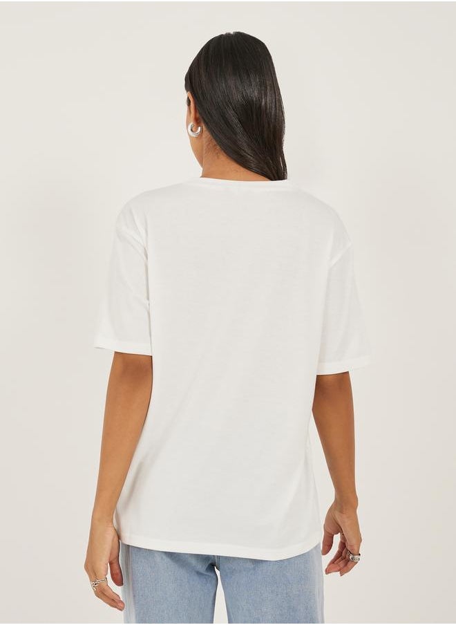 Women White Oversized Zebra Foil Print Mock Pocket T-Shirt
