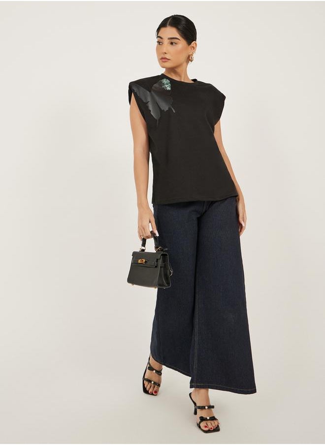 Graphic Print Padded Shoulder Sleeveless T-Shirt